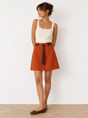 Vintage Valentino Cotton‎ Silk A Line Skirt Wood Grommet Size 10 Italian